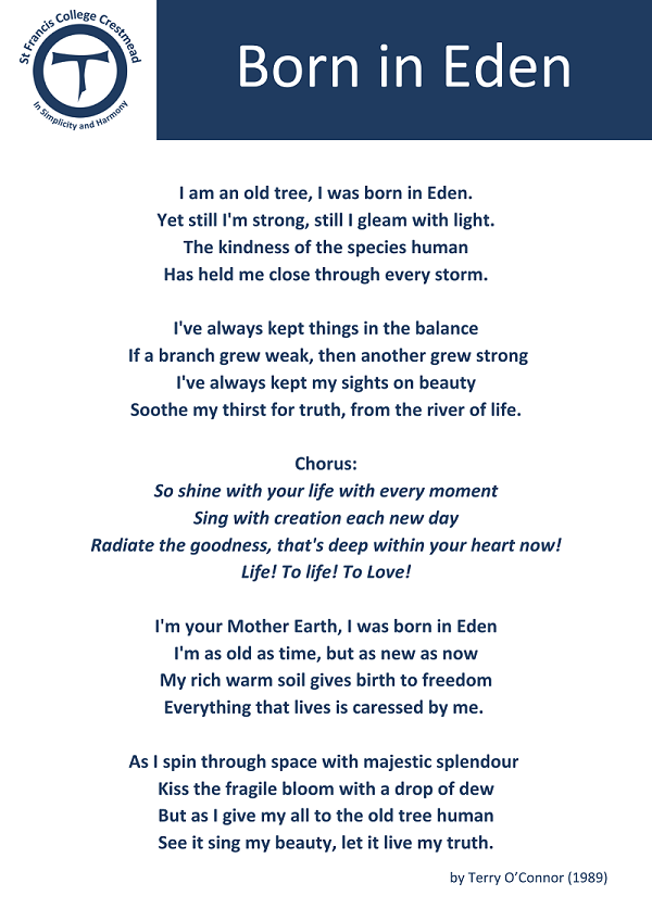 College song poster featuring Born in Eden lyrics celebrating care for creation, balance and connection to life within a Franciscan tradition