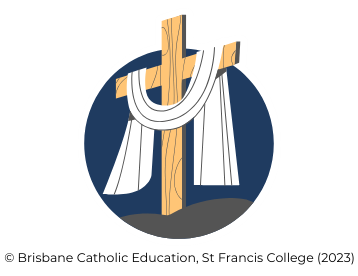 Christian symbol of a wooden cross draped with cloth, representing faith, hope and the presence of Christ within the school community