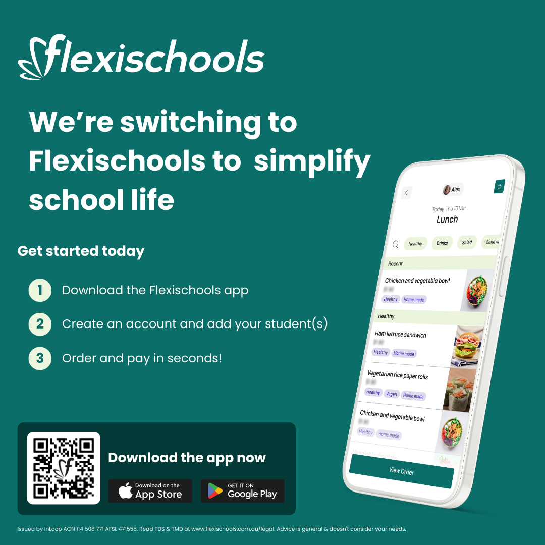 Information poster promoting Flexischools app adoption for school ordering with steps to download, register and begin ordering food