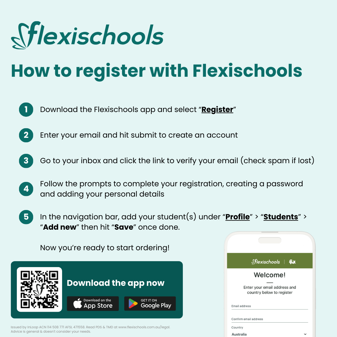 Step by step guide explaining how to register for the Flexischools app and add students for online school ordering