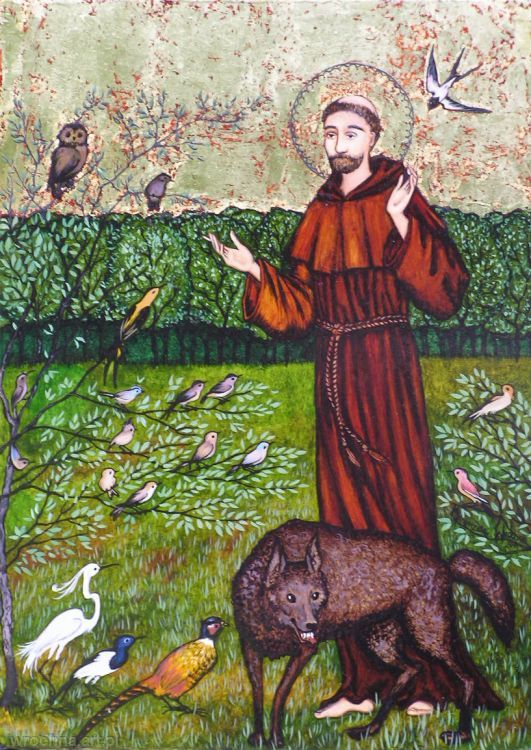 Illustration of St Francis surrounded by animals and birds, representing care for creation, compassion and Franciscan values Provide your feedback on BizChat
