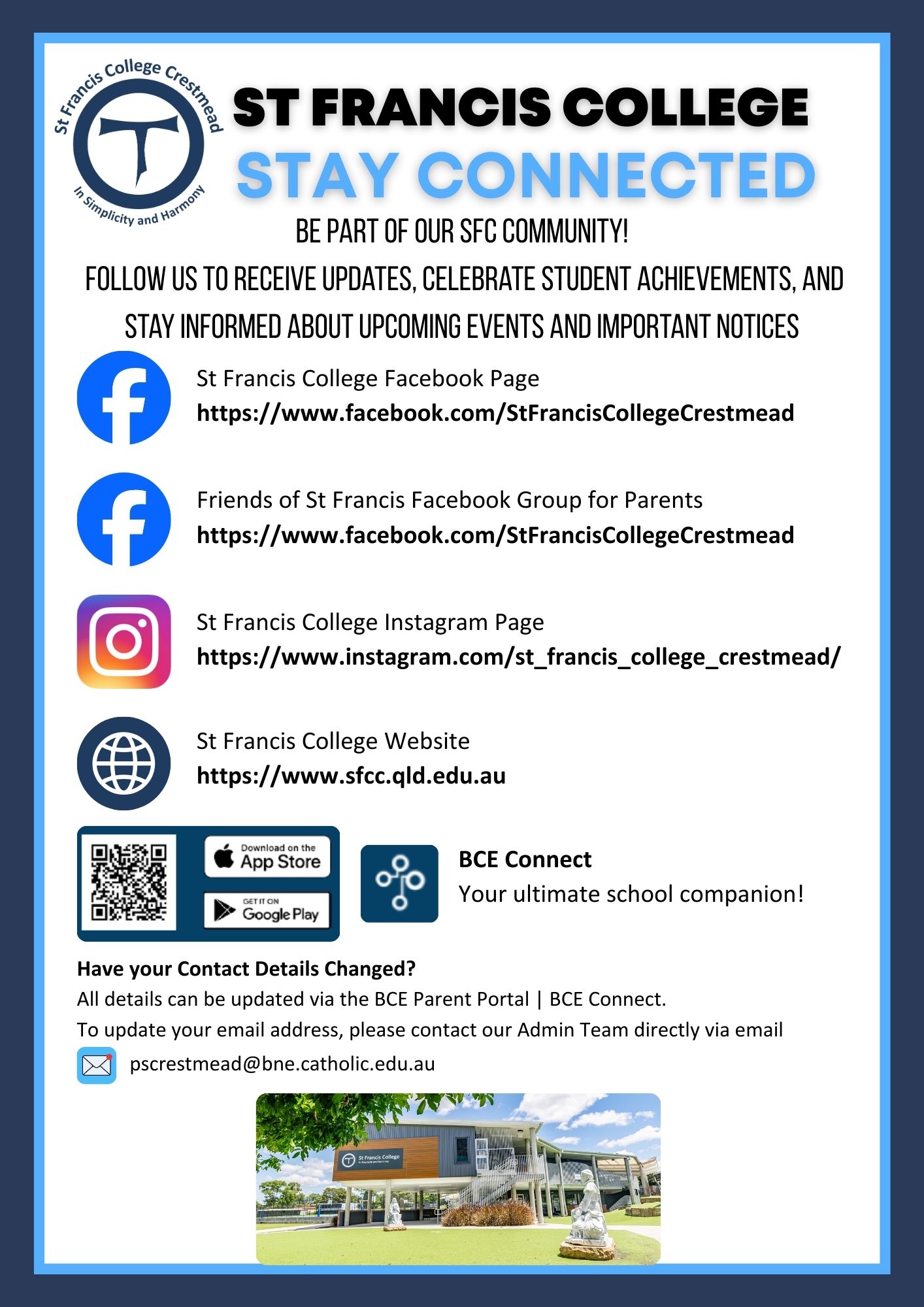School communication poster encouraging families to stay connected through social media, website updates and BCE Connect for news, events and community engagement